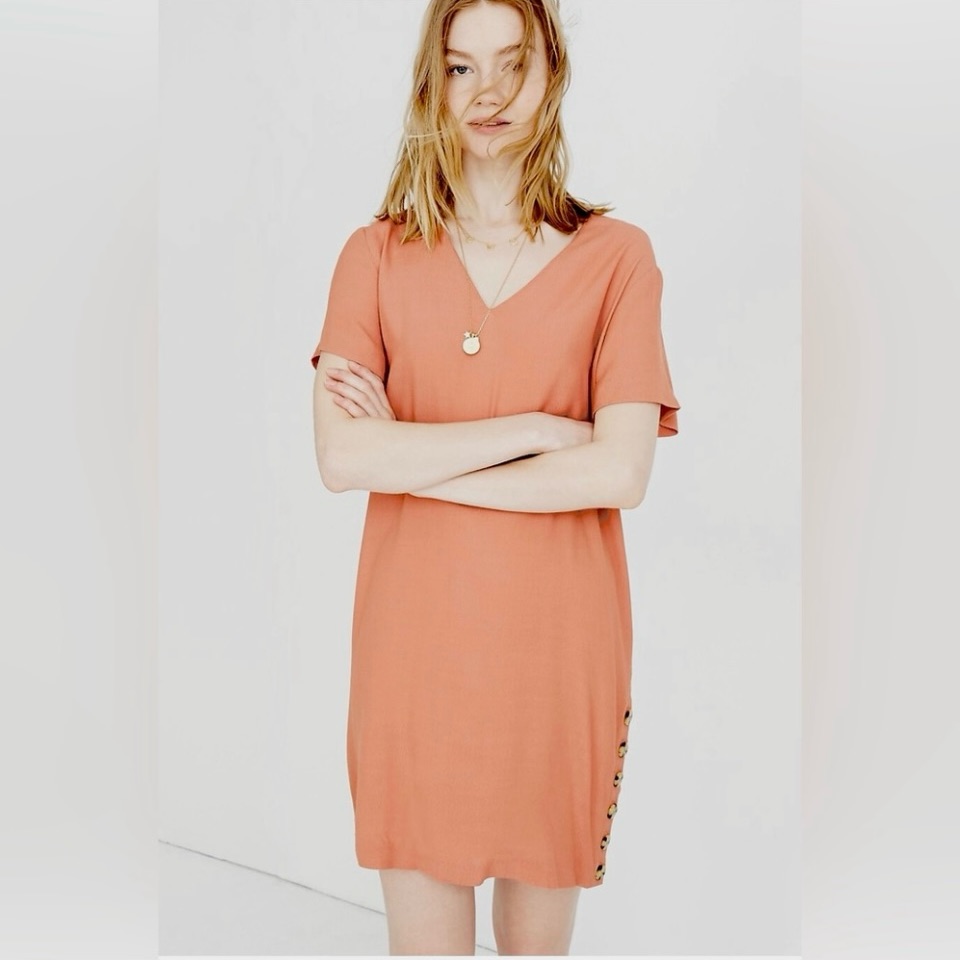 Madewell Side-Button V Neck Viscose Shift Dress Drapey Breezy Coastal Soft